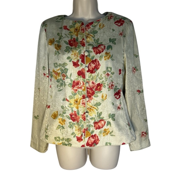 Adrianna Papell Cream/Green with Red Floral Blouse with Mandarin Collar - Picture 1 of 6